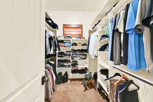 Walk in closet with light carpet