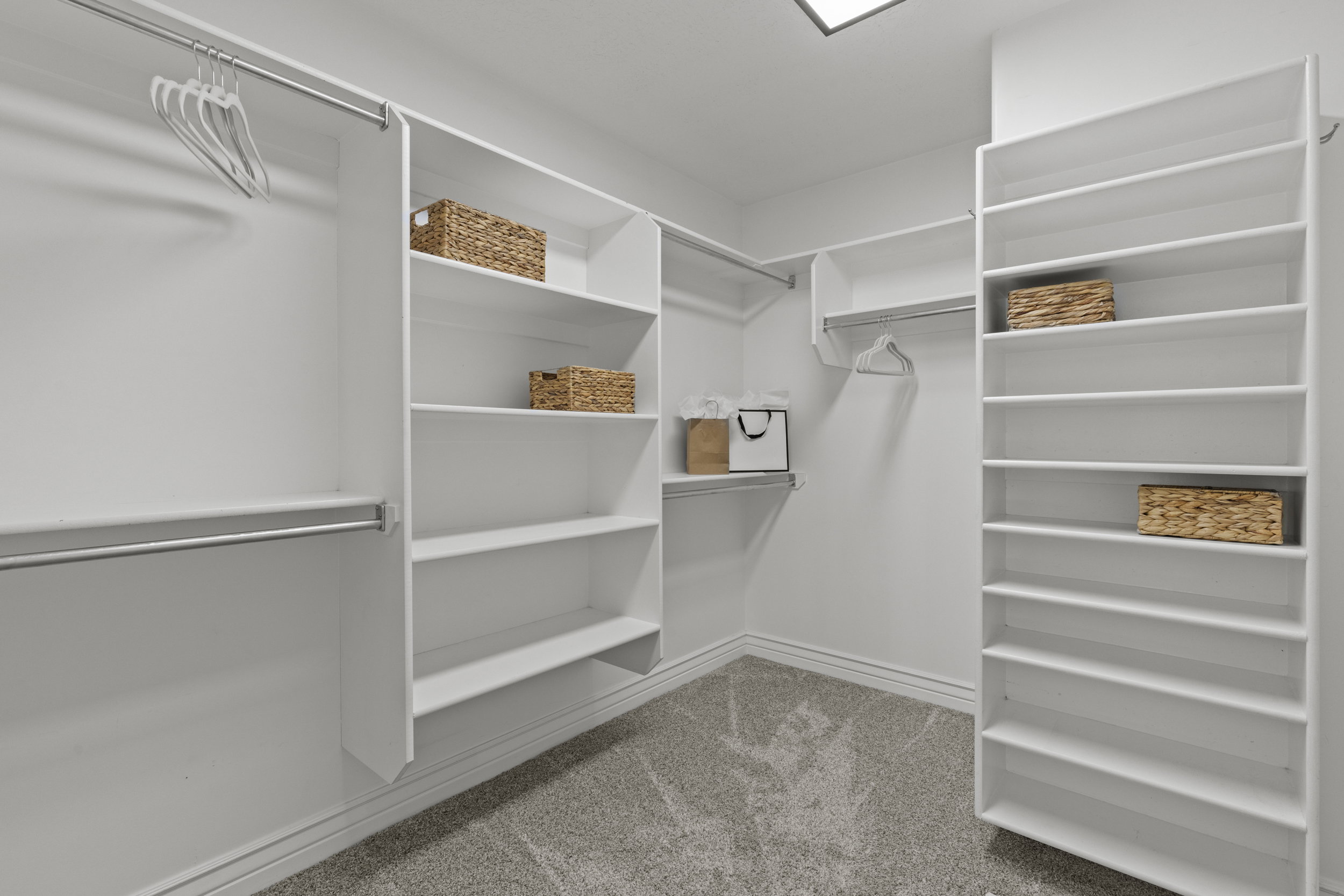 Walk in closet with light colored carpet