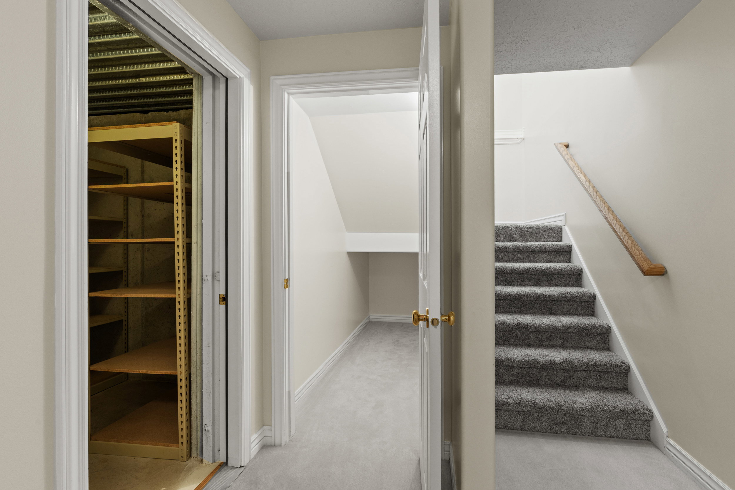 Staircase featuring carpet flooring