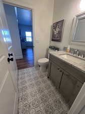 Bathroom featuring vanity and light tile patterned flooring
