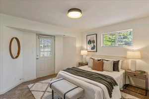 Carpeted bedroom featuring multiple windows