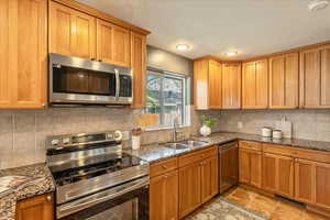 Kitchen with stainless steel appliances, dark stone counters, backsplash, and wood finish cabinets