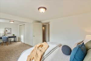 Carpeted bedroom with a closet and baseboards