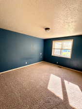 Spacious room featuring textured ceiling, a window with natural light, and wall-to-wall carpeting
