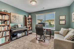 Carpeted home office featuring a textured ceiling and baseboards