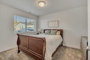 Bedroom with baseboards and light colored carpet