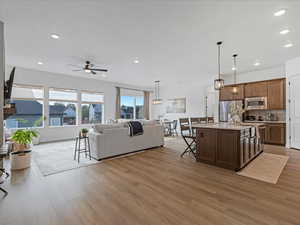 Living area featuring light wood-style flooring, a ceiling fan, and recessed lighting