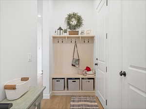 Mudroom with light wood-style flooring