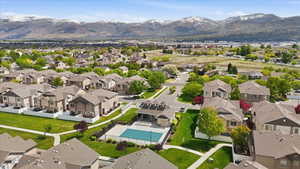 Aerial perspective of suburban area with mountains