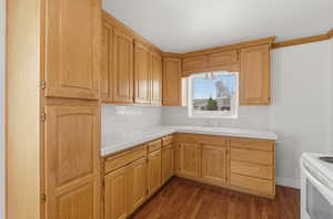 Kitchen with tile counters, dark wood finished floors, decorative backsplash, crown molding, and white range with electric stovetop