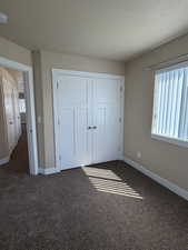 Unfurnished bedroom featuring multiple windows, dark carpet, and a closet