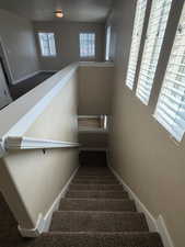 Stairs with baseboards and carpet floors