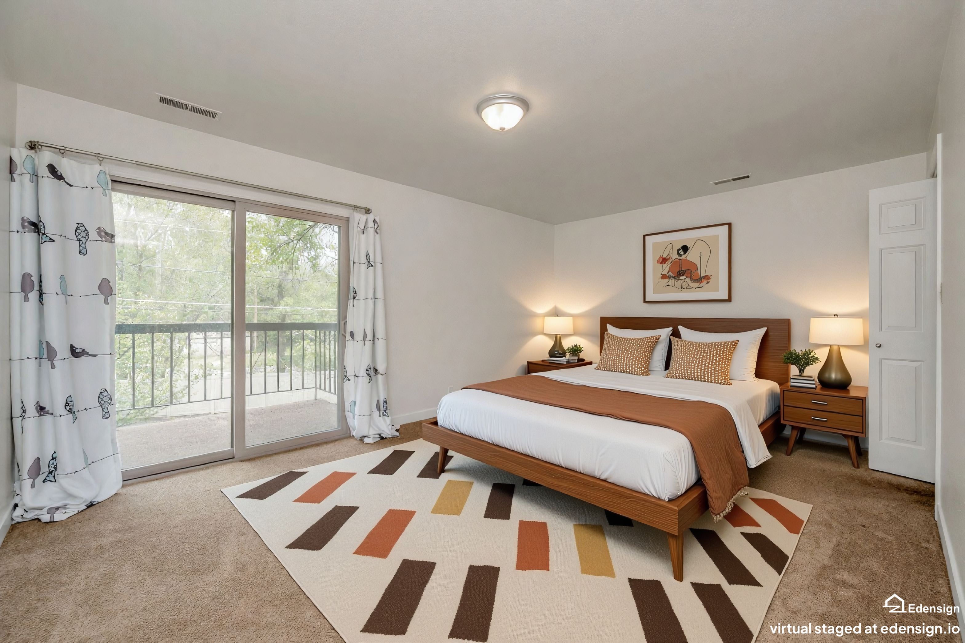 Virtually Staged. Primary bedroom with en-suite bathroom, walk-in closet and access to patio.