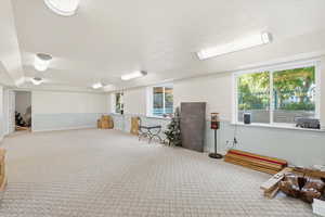 Spacious lower level featuring patterned carpeting, multiple recessed and fluorescent ceiling lights, and two large windows providing natural light