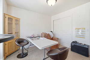 Bright room featuring light-colored walls and carpeted flooring