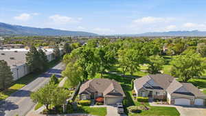 Aerial view of residential area with mountains