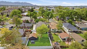 Aerial perspective of suburban area with mountains