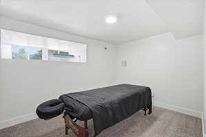 Bedroom with carpet and a textured ceiling