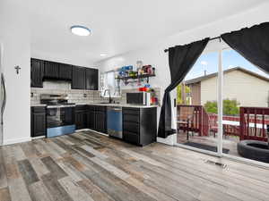 Kitchen with stainless steel appliances, backsplash, dark cabinets, and light wood-type flooring