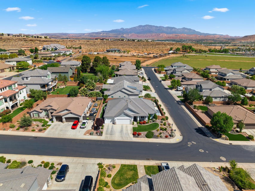 Aerial perspective of suburban area with mountains