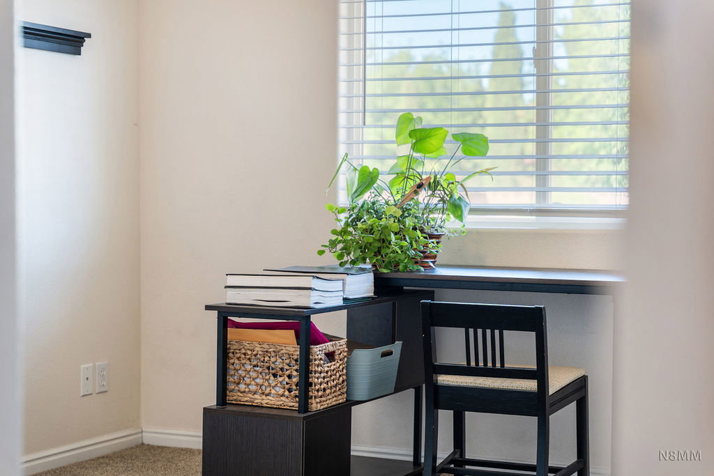 Detailed view of carpet flooring and baseboards