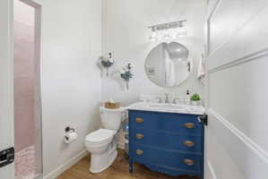Bathroom with light wood-type flooring, vanity, and a walk in shower