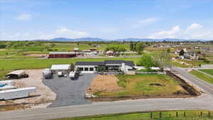 Overview of rural landscape with a mountain backdrop