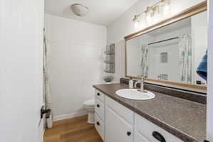 Full bathroom featuring vanity, dark wood finished floors, and a shower with curtain