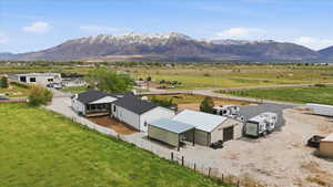 Aerial view of sparsely populated area with mountains