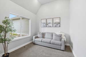 Sitting room with carpet floors and lofted ceiling