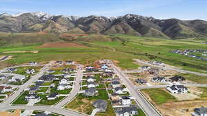 Aerial view of residential area with mountains