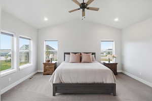 Bedroom featuring carpet, ceiling fan, and recessed lighting