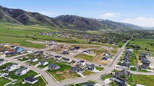 Aerial perspective of suburban area with mountains