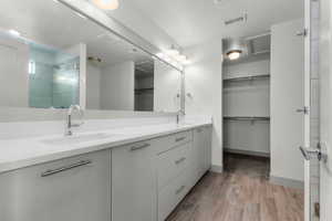 Bathroom with a stall shower, double vanity, light wood-type flooring, and a walk in closet
