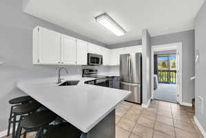 Updated Kitchen with two-tone paint and quarts countertops with stainless steel appliance package.