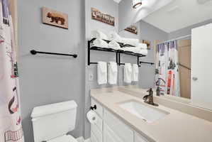 Bathroom featuring a shower with curtain and vanity