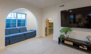 Living area with arched walkways, light colored carpet, and plenty of natural light