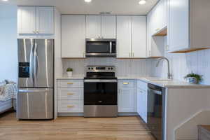 Kitchen with stainless steel appliances, light wood-type flooring, and white cabinetry