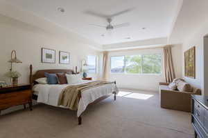 Bedroom with light colored carpet, a tray ceiling, and a ceiling fan