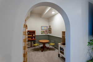 Playroom featuring wainscoting, light colored carpet, and recessed lighting