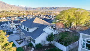 Aerial view of residential area with mountains