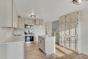Kitchen featuring stainless steel appliances, a center island, light wood finished floors, and backsplash