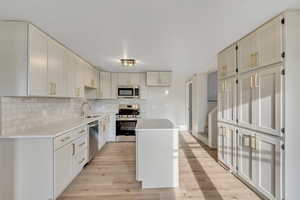 Kitchen featuring stainless steel appliances, light wood-type flooring, a kitchen island, and backsplash