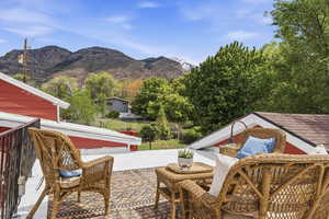 View of patio with a mountain view