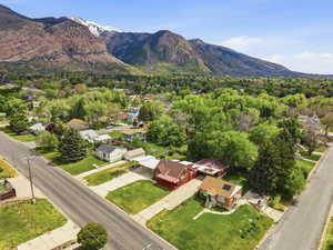 Aerial perspective of suburban area featuring mountains