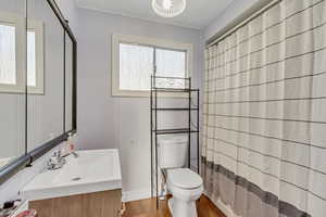 Full bathroom featuring vanity, wood finished floors, and crown molding