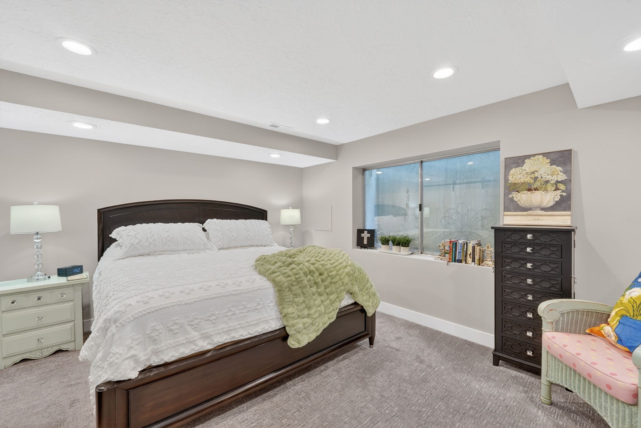 Bedroom featuring light colored carpet and recessed lighting