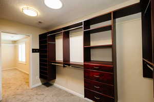 Walk in closet with light colored carpet