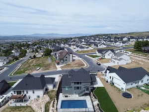 Aerial perspective showcasing a residential neighborhood with varied architectural styles