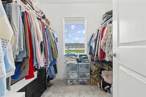 Walk in closet featuring light carpet